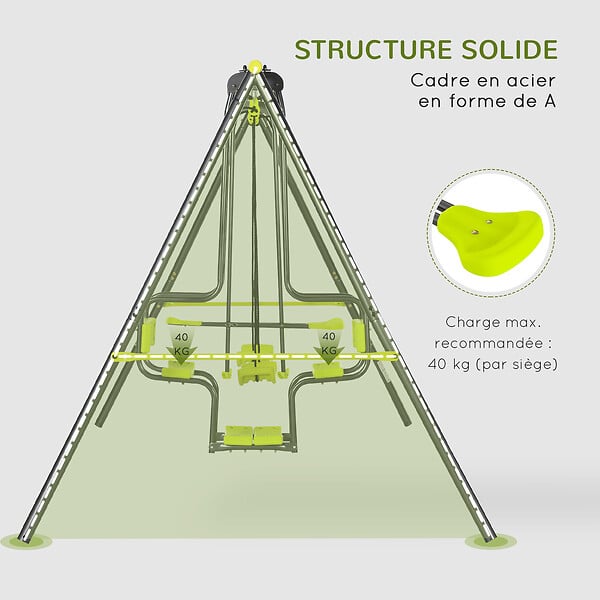 OUTSUNNY - Balançoire 4 agrès portique avec 2 balançoires et 2 face à face dim. 3,55L x 1,84l x 1,86H m acier époxy gris PE vert - large