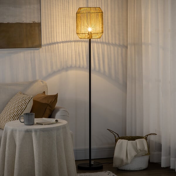 HOMCOM - Lampadaire aspect cannage style cosy 40 W max. H.158 cm piètement mât métal noir abat-jour corde papier tressé main - large