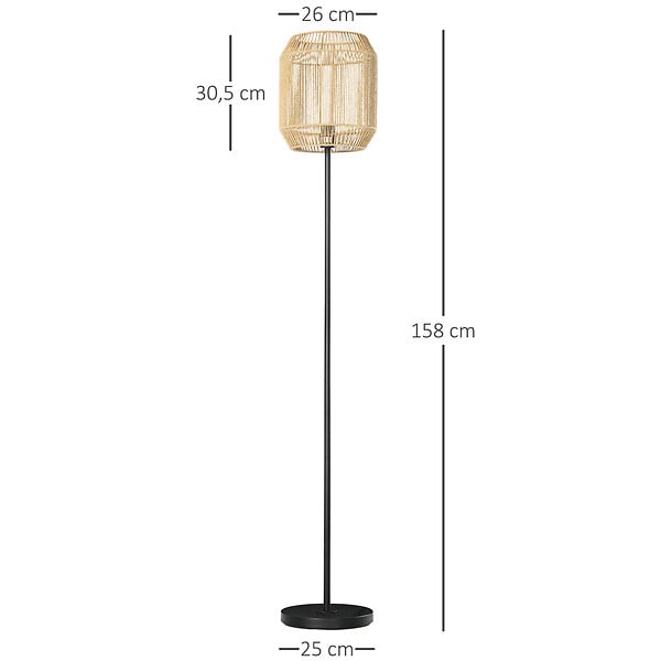 HOMCOM - Lampadaire aspect cannage style cosy 40 W max. H.158 cm piètement mât métal noir abat-jour corde papier tressé main - large