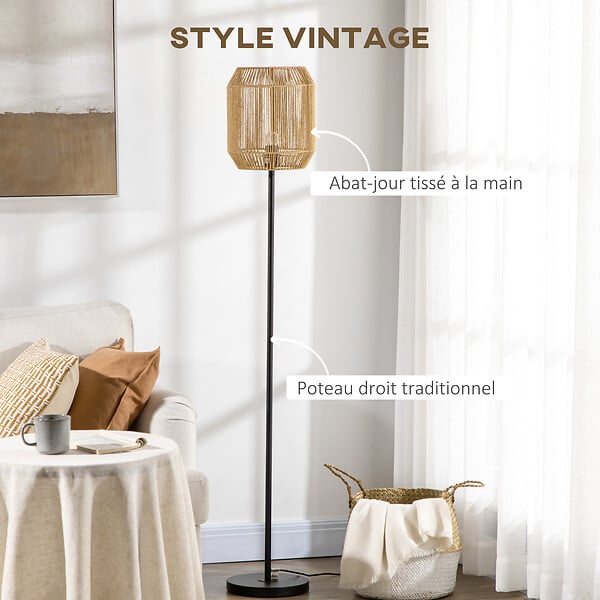 HOMCOM - Lampadaire aspect cannage style cosy 40 W max. H.158 cm piètement mât métal noir abat-jour corde papier tressé main - large