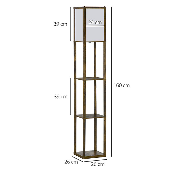 HOMCOM - Lampadaire étagère lampe étagère 26L x 26l x 160H cm 3 étagères 4 niveaux MDF aspect bois vieilli - large