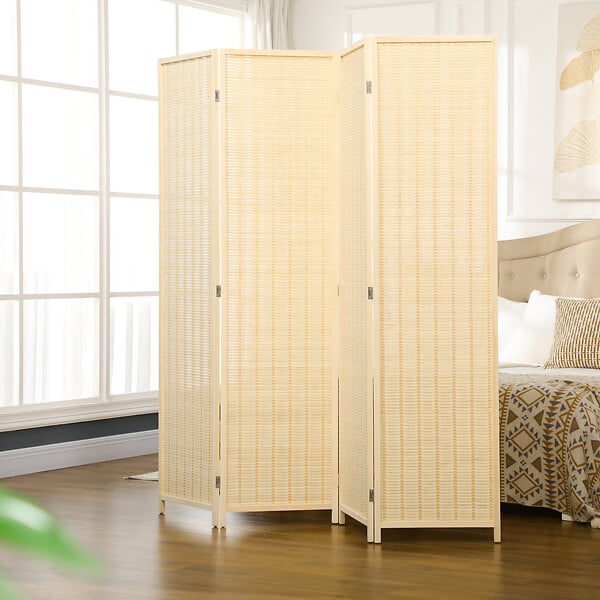 HOMCOM - Paravent intérieur séparateur de pièce pliable 4 panneaux dim. 180L x 180H cm bois pin bambou coton - large