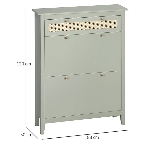 HOMCOM - Meuble à chaussures style bohème chic - 2 portes abattantes 2 étagères réglables tiroir - MDF vert d'eau aspect rotin - large