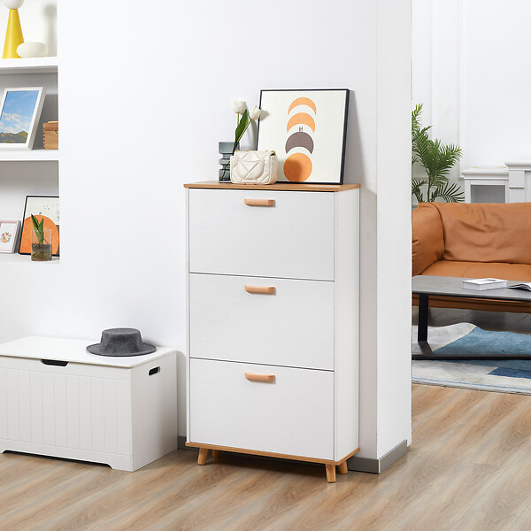 HOMCOM - Meuble à chaussures design scandinave 3 portes abattantes 3 étagères réglables bois pin panneaux blanc - large