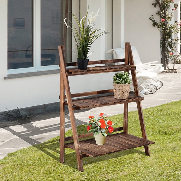 OUTSUNNY - Étagère à plantes forme pyramidale échelle pliante avec 3 étagères - dim. 80L x 37l x 93H cm - bois sapin traité carbonisation - large