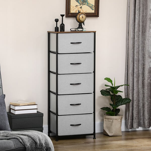 HOMCOM - Chiffonnier meuble de rangement 5 tiroirs - dim. 45L x 30l x 116H cm - structure acier noir tissu pliant gris - large