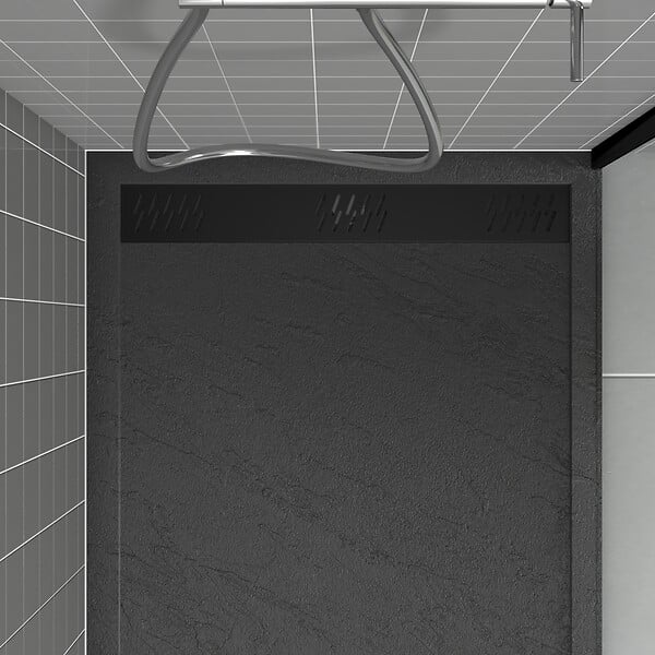 AURLANE - Receveur en acrylique Gris Effet Pierre 90x120x4 cm + Grilles Linéaires Chrome et Noire - METEORA - large