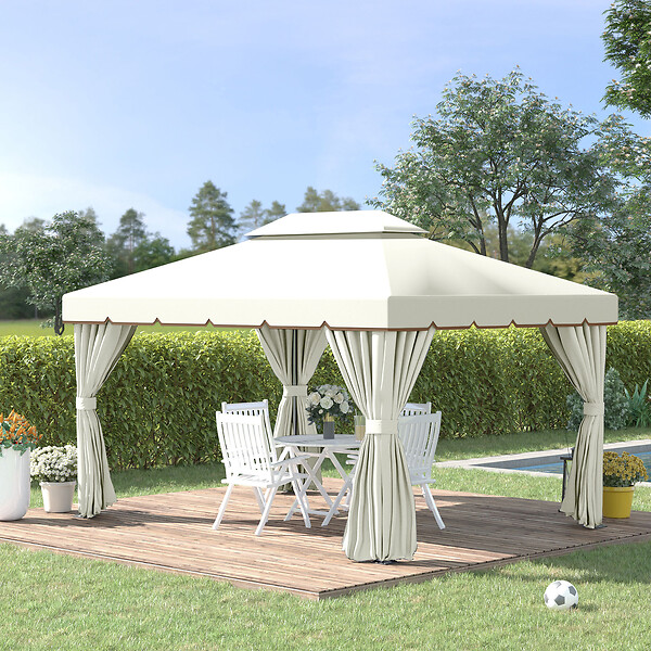 OUTSUNNY - Tonnelle barnum pavillon de jardin style colonial double toit toile moustiquaires et toiles amovibles 3,9L x 2,9l x 2,8H m crème - large