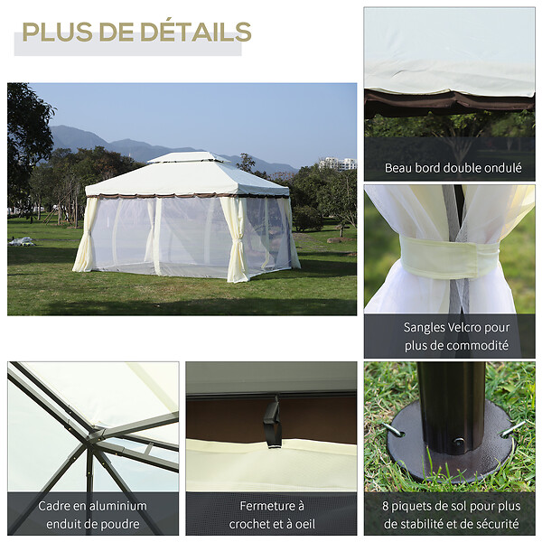 OUTSUNNY - Tonnelle barnum pavillon de jardin style colonial double toit toile moustiquaires et toiles amovibles 3,9L x 2,9l x 2,8H m crème - large
