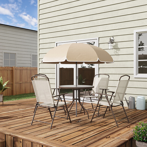 OUTSUNNY - Ensemble salon de jardin 6 pcs - table ronde + 4 chaises pliables + parasol - acier époxy café textilène polyester beige - large