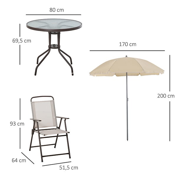 OUTSUNNY - Ensemble salon de jardin 6 pcs - table ronde + 4 chaises pliables + parasol - acier époxy café textilène polyester beige - large