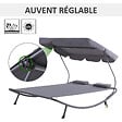 OUTSUNNY - Bain de soleil 2 places lit de jardin design contemporain toit réglable 2 roulettes 2 oreillers acier époxy polyester gris - vignette