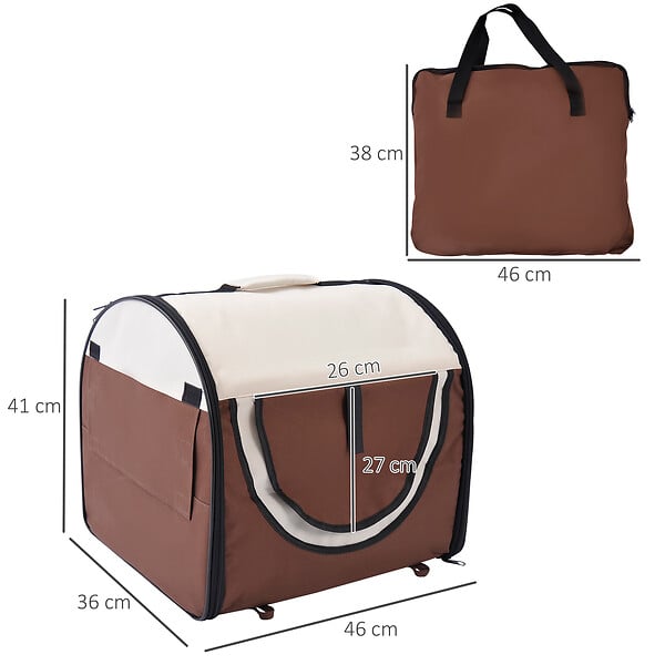 PAWHUT - Sac de transport pour chien et chat pliable - poignée, entrée zippée, fenêtres maillées enroulables- coussin inclus - acier oxford marron beige - large