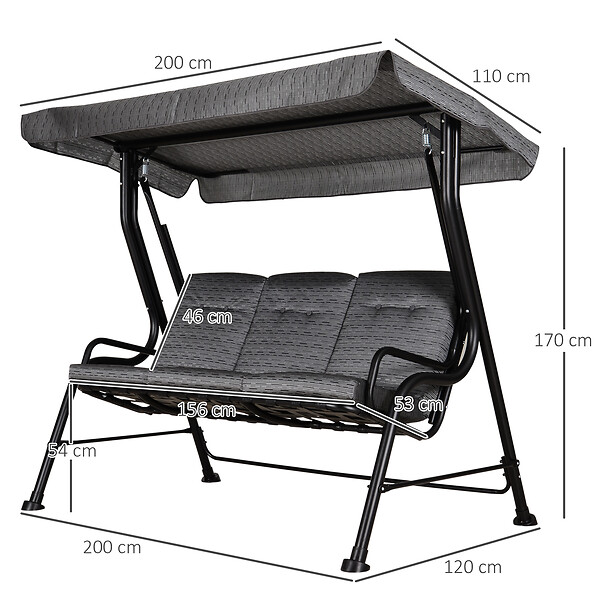 OUTSUNNY - Balancelle de jardin 3 places grand confort toit inclinaison réglable épais coussins amovibles polyester acier époxy gris noir - large