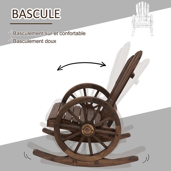 OUTSUNNY - Fauteuil de jardin Adirondack à bascule rocking chair style rustique chic accoudoirs roues charette bois sapin traité carbonisation - large