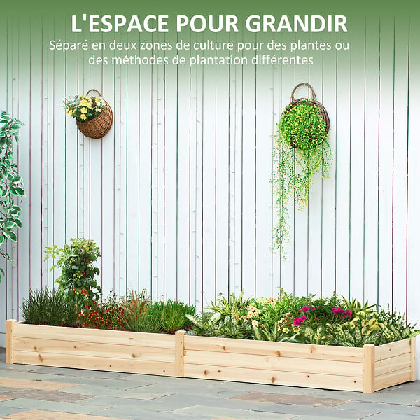 OUTSUNNY - Carré potager de jardin dim. 244 x 61,5 x 27 cm feutre de drainage, séparation inclus bois de sapin - large