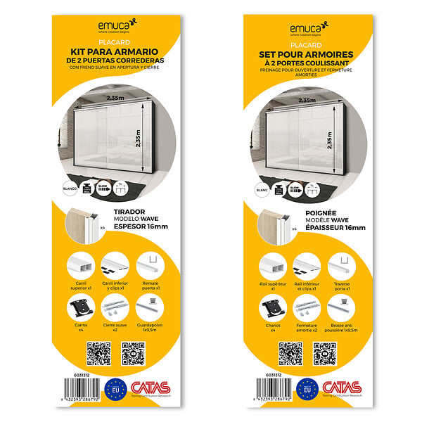 EMUCA - Kit de ferrures pour 2 portes coulissantes et armoire à fermeture souple Placard 74, profilé Wave, épaisseur 16mm, panneaux non inclus, Peint en blanc - large