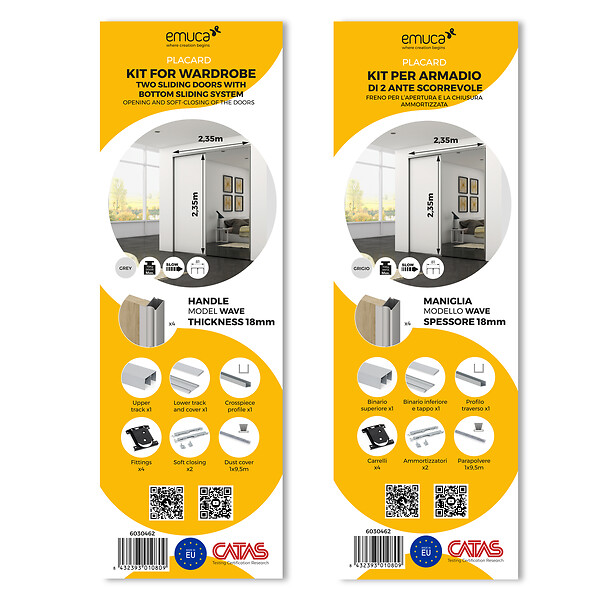 EMUCA - Kit de ferrures pour Placard 81 2 coulissants et fermeture souple, profilé Wave, épaisseur 18mm, panneaux non inclus, Anodisé mat - large