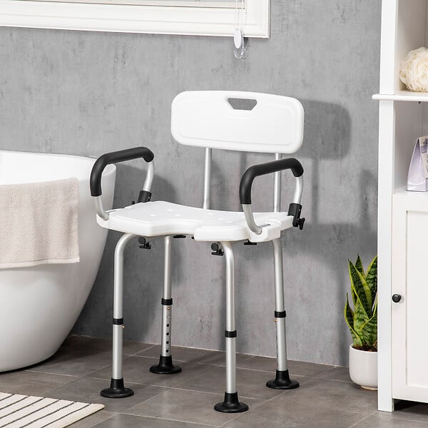 HOMCOM - Chaise de douche siège de douche ergonomique hauteur réglable pieds antidérapants accoudoirs alu HDPE blanc noir - large