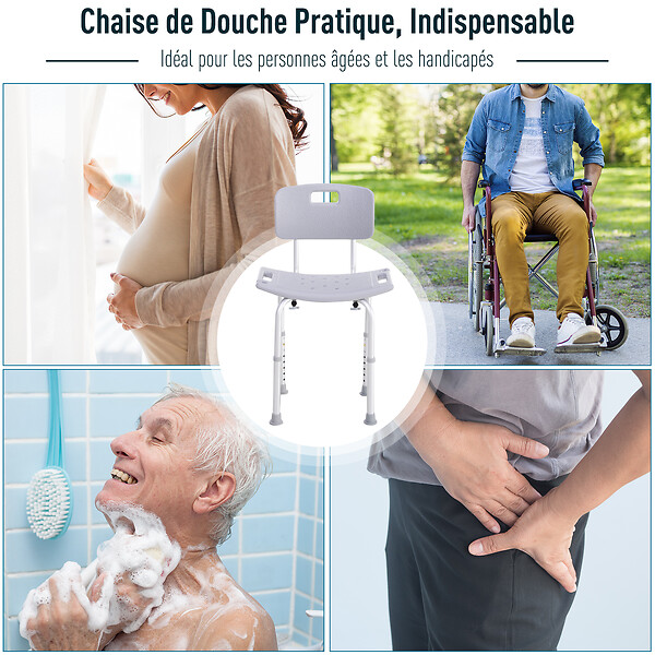 HOMCOM - Chaise de douche siège de douche ergonomique hauteur réglable pieds antidérapants charge max. 136 Kg alu HDPE gris - large