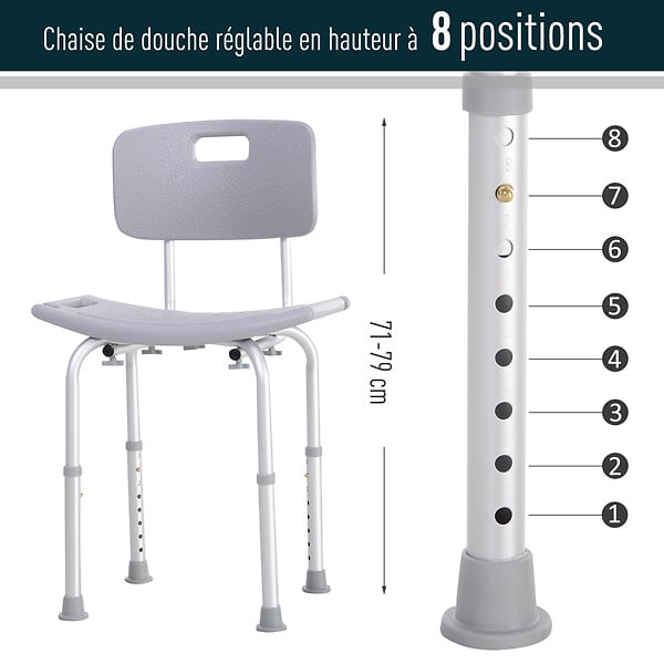 HOMCOM - Chaise de douche siège de douche ergonomique hauteur réglable pieds antidérapants charge max. 136 Kg alu HDPE gris - large