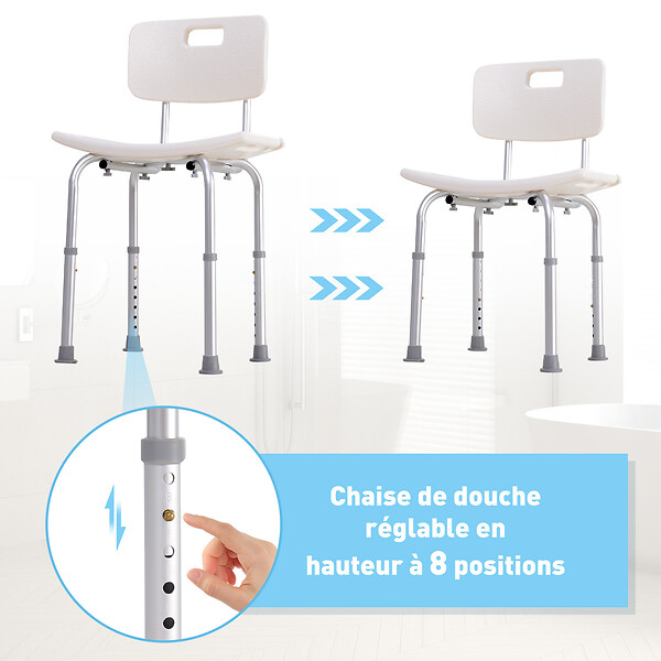 HOMCOM - Chaise de douche siège de douche ergonomique hauteur réglable pieds antidérapants charge max. 136 Kg alu HDPE blanc - large