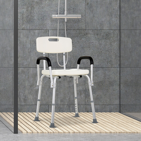 HOMCOM - Chaise de douche siège de douche ergonomique hauteur réglable pieds antidérapants dossier accoudoirs amovibles charge max. 136 Kg alu HDPE blanc - large