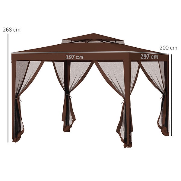 OUTSUNNY - Tonnelle barnum de jardin 3L x 3l m avec 4 moustiquaires amovibles - double toit - métal polyester marron - large