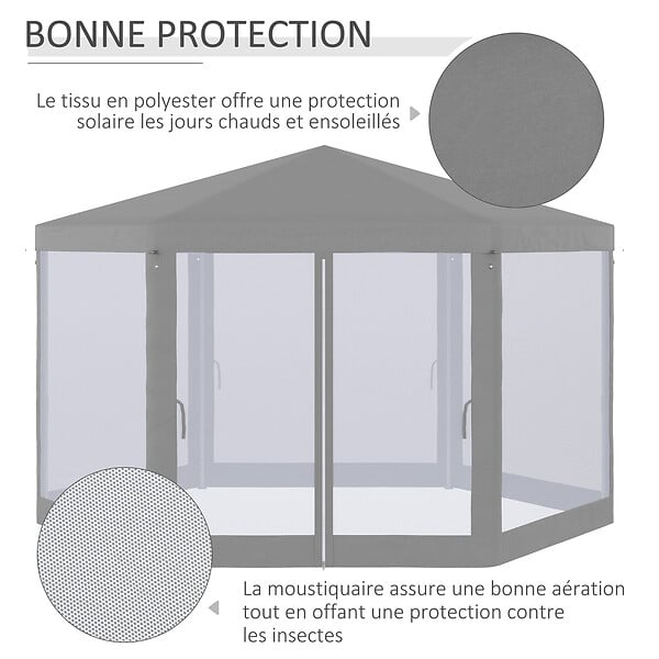 OUTSUNNY - Tonnelle barnum tente de réception hexagonale style cosy métal polyester imperméabilisé surface env. 10 m² gris - large