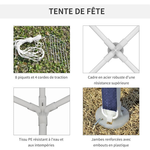 OUTSUNNY - Tonnelle barnum de jardin dim. 2,93L x 2,93l x 2,52H m métal époxy bâche PE haute densité bleu - large
