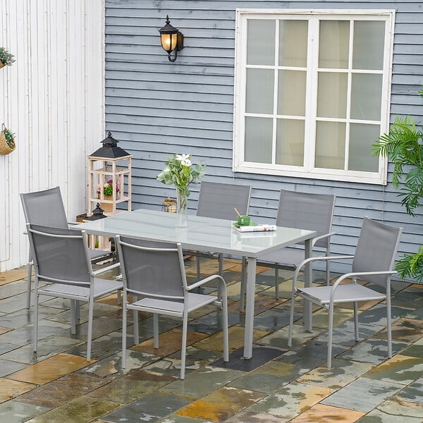OUTSUNNY - Ensemble de jardin 6 personnes chaises empilables table à manger dim. 150L x 90l x 72H cm plateau verre acier époxy textilène gris - large