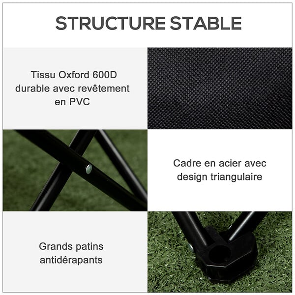 OUTSUNNY - Chaise de camping pliable avec sac de transport et pochette de rangement acier oxford noir - large
