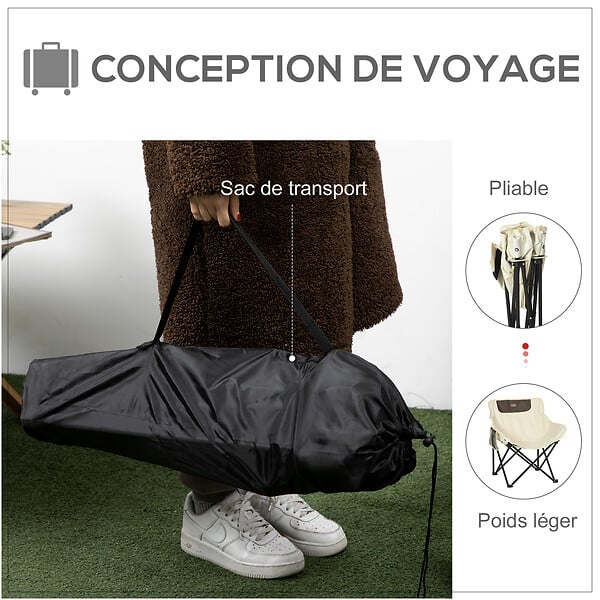 OUTSUNNY - Chaise de camping pliable avec sac de transport et pochette de rangement acier oxford beige - large