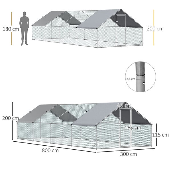 PAWHUT - Enclos poulailler chenil 24 m² - parc grillagé dim. 8L x 3l x 2H m - double espace couvert - acier galvanisé - large