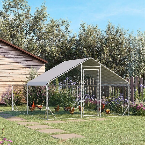 PAWHUT - Enclos poulailler chenil 12 m² - parc grillagé dim 4L x 3l x 1,95H m - espace couvert - acier galvanisé - large
