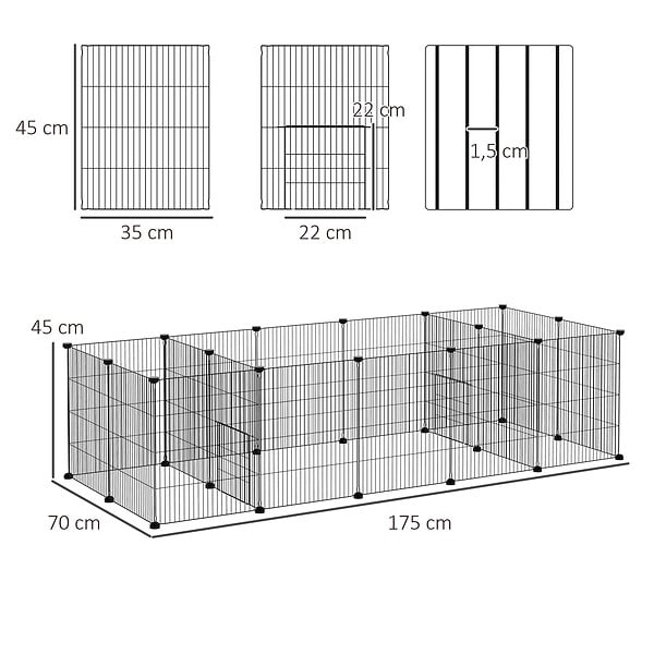 PAWHUT - Parc enclos modulable petits animaux lapins rongeurs chiots - 18 panneaux en fil d'acier - 2 portes - 175L x 70l x 45H cm - noir - large