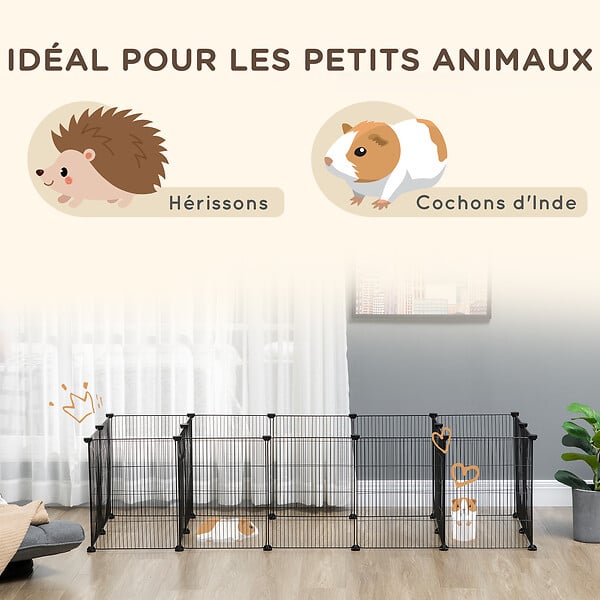 PAWHUT - Parc enclos modulable petits animaux lapins rongeurs chiots - 18 panneaux en fil d'acier - 2 portes - 175L x 70l x 45H cm - noir - large