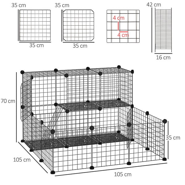 PAWHUT - Cage parc enclos rongeurs modulable dim. L 105 x l 105 x H 70 cm 2 niveaux 2 portes rampe résine PP fil métallique noir - large