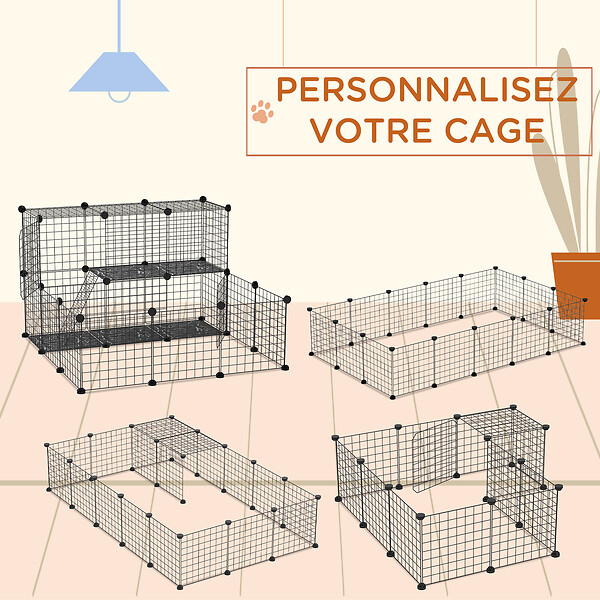 PAWHUT - Cage parc enclos rongeurs modulable dim. L 105 x l 105 x H 70 cm 2 niveaux 2 portes rampe résine PP fil métallique noir - large