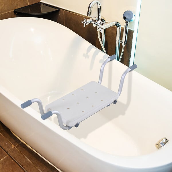 HOMCOM - Siège de baignoire - siège de bain suspendu réglable - tabouret de salle de bain - dim. 71-81L x 22l x 18H cm - alu. HDPE blanc - large