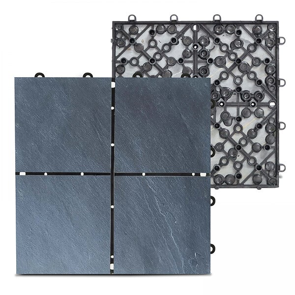 OVIALA - Lot de 40 dalles clipsables en pierre noir - Kobe - large