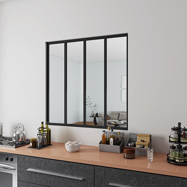 AICA SANITAIRE - AICA Verrière Atelier en aluminium noir mat L.123xH.108cm 4 verres transparents inclus, Verrière fixe kit de verrière et vitrage - large