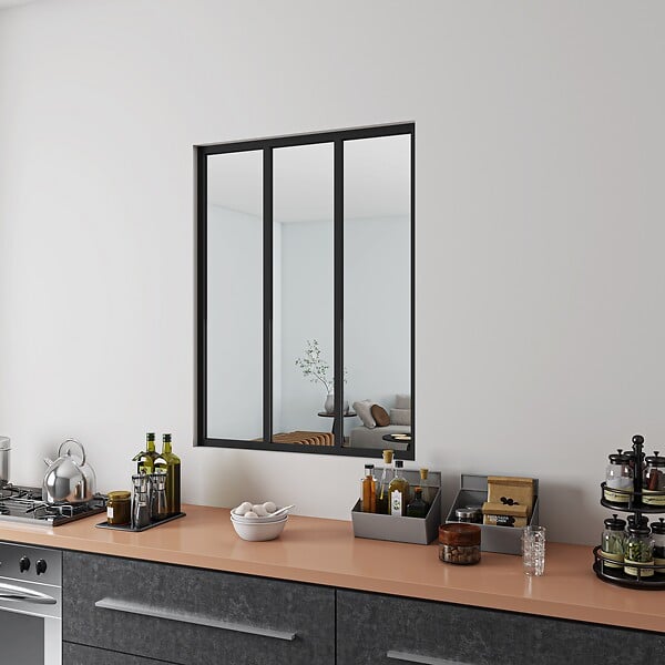 AICA SANITAIRE - AICA Verrière Atelier en aluminium noir mat L.93xH.108cm 3 verres transparents inclus, Verrière fixe kit de verrière et vitrage - large