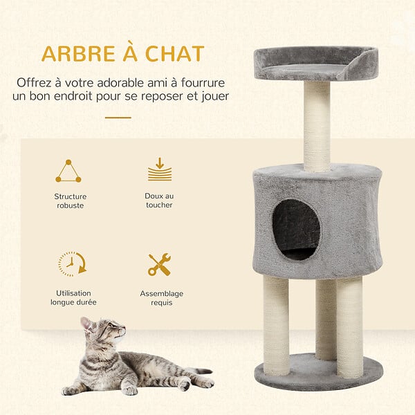 PAWHUT - Arbre à chat griffoirs sisal naturel arbre à grimper H.103 cm niche plateforme d'observation peluche grise - large
