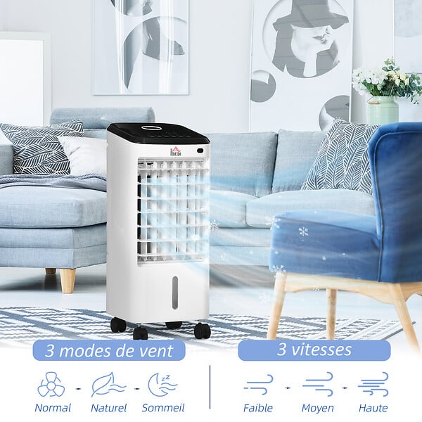 HOMCOM - Ventilateur rafraichisseur humidificateur 3 en 1 - roulettes, télécommande - silencieux oscillant 65W - réservoir 3,5L - blanc noir - large
