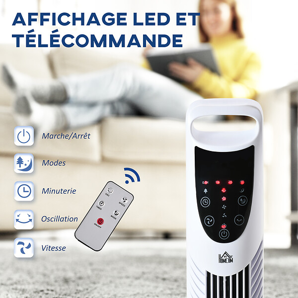 HOMCOM - Ventilateur colonne tour oscillant silencieux 40 W télécommande panneau contrôle tactile 3 vitesses H.91,5 cm blanc - large