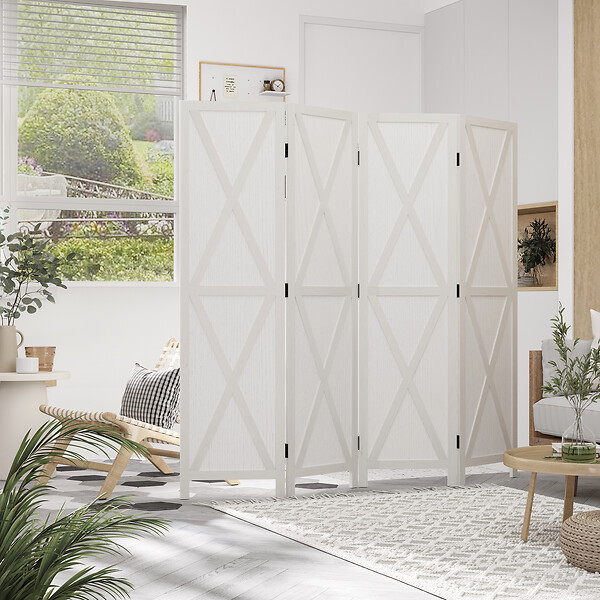 HOMCOM - Paravent intérieur 4 panneaux style campagnard chic - séparateur de pièce avec croisillons - bois de paulownia blanc - large