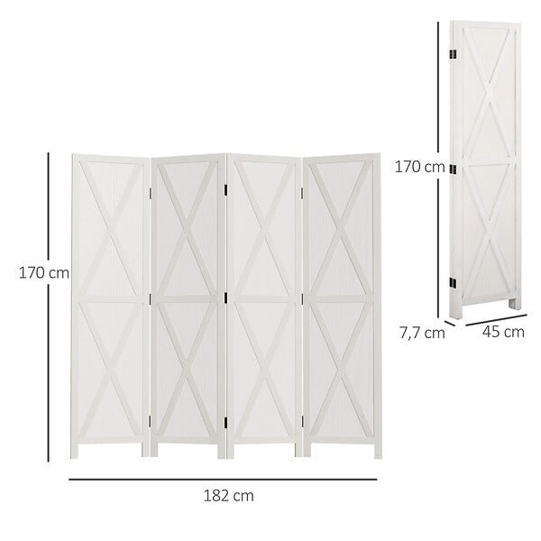 HOMCOM - Paravent intérieur 4 panneaux style campagnard chic - séparateur de pièce avec croisillons - bois de paulownia blanc - large