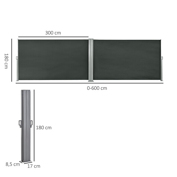 OUTSUNNY - Double store latéral brise-vue paravent rétractable dim. 6L x 1,60H m polyester anti-UV haute densité gris - large