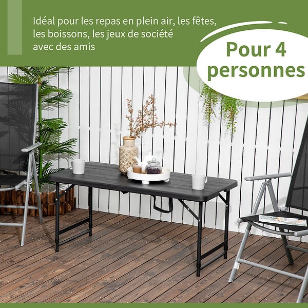 OUTSUNNY - Table de jardin pliable 4 personnes table de camping pliable hauteur réglable acier époxy plateau HDPE aspect bois gris - large